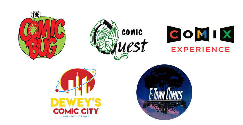 Blackbird Comics & Coffeehouse, Cape and Cowl Comics, The Comic Bug, Comic Emporium, Comic Quest